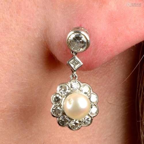 A pair of cultured pearl and diamond cluster drop earrings.