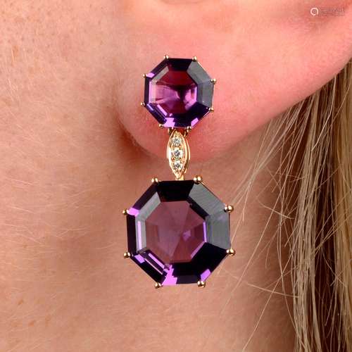 A pair of amethyst and brilliant-cut diamond earrings.Total ...