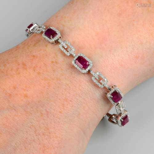 A ruby and diamond bracelet.Total ruby weight 5.89cts.Total ...