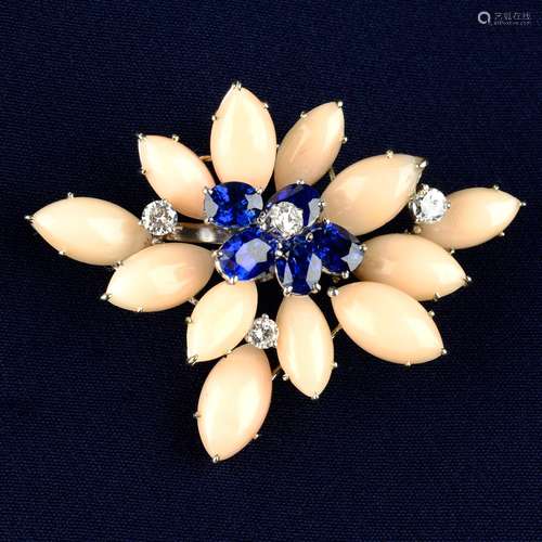 An 18ct gold Burmese sapphire, coral and diamond brooch, by ...