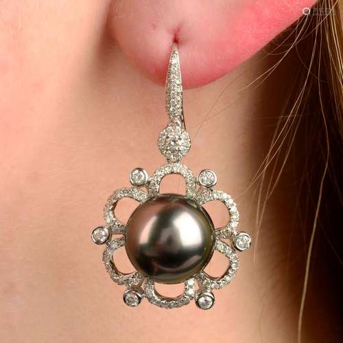 A pair of grey cultured pearl and diamond floral drop earrin...