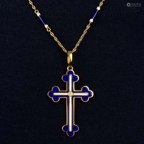 An 18ct gold diamond and enamel cross pendant,