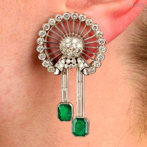 A pair of emerald and vari-cut diamond earrings, by Bulgari.