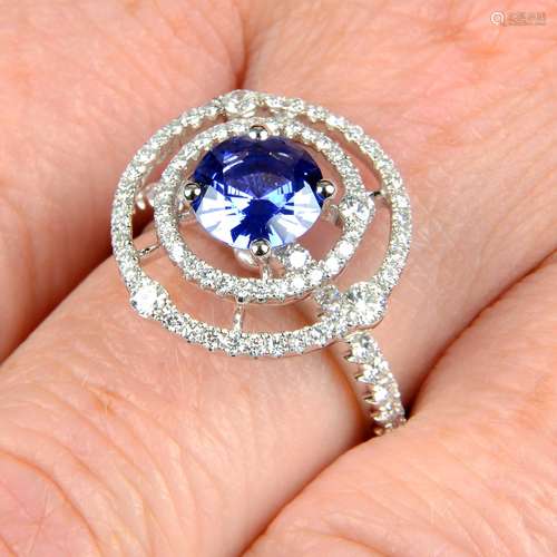 A sapphire and diamond dress ring.Sapphire weight 1.21cts.To...