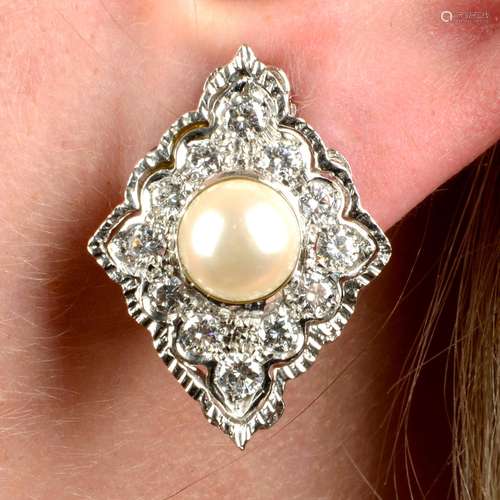 A pair of cultured pearl and diamond earrings.Estimated tota...