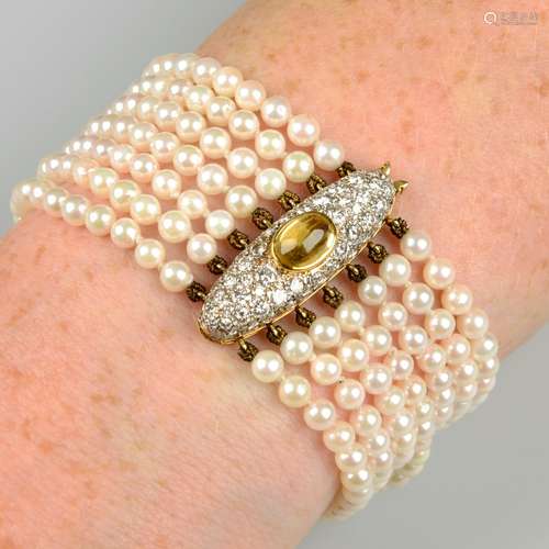 A cultured pearl multi-strand bracelet, with citrine and pav...