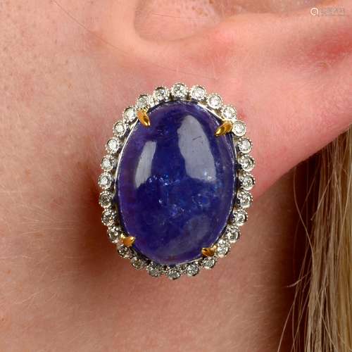 A pair of tanzanite cabochon and brilliant-cut diamond earri...