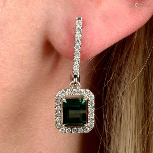 A pair of green tourmaline and diamond drop earrings.Tourmal...