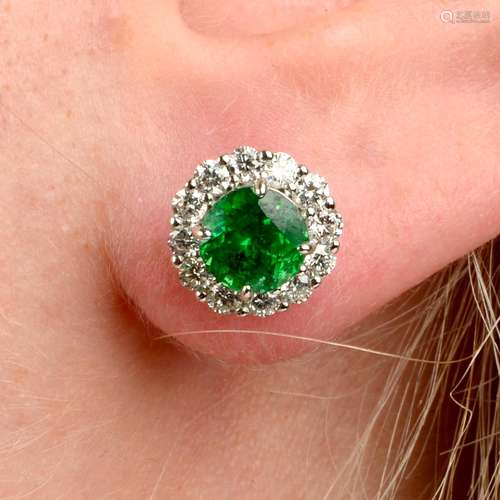 A pair of tsavorite garnet and brilliant-cut diamond cluster...