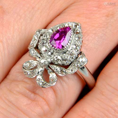 An early 20th century gold ruby and diamond bow ring.Ruby ca...