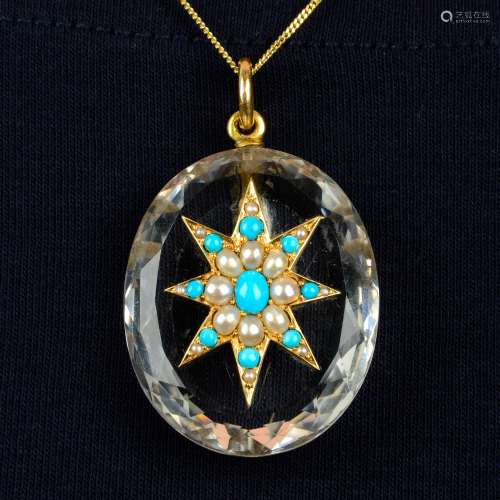 A Victorian 15ct gold rock crystal, turquoise and split pear...