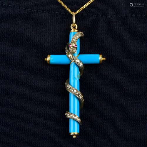 A mid Victorian gold, blue enamel cross pendant with old-cut...