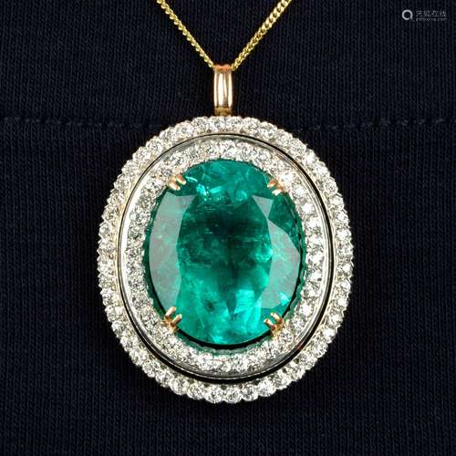 An emerald and circular-cut diamond pendant.With report 1720...