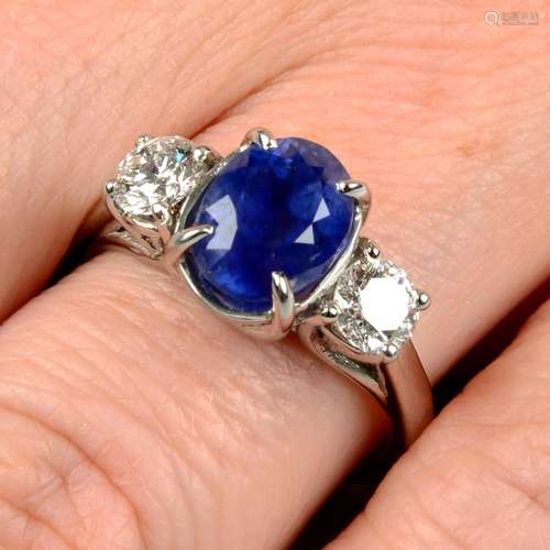 A platinum Kashmir sapphire and brilliant-cut diamond three-...