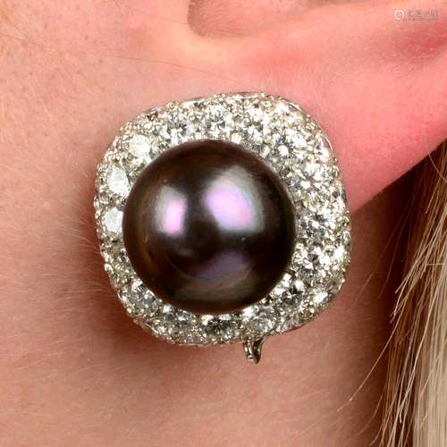 A pair of 'Tahitian' cultured pearl and pavé-set diamond ear...