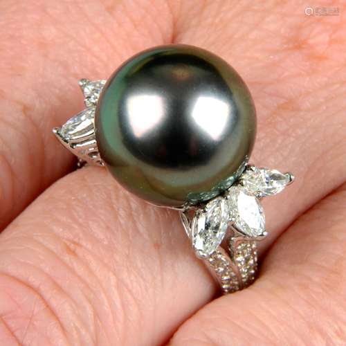 A 'Tahitian' cultured pearl and diamond cocktail ring.Estima...