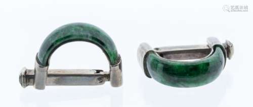 A pair of mottled green jade hoop form cuff links, mounted i...
