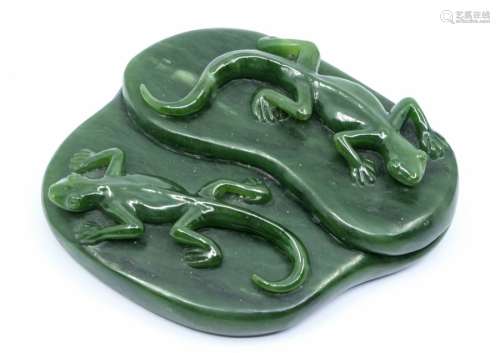 A Chinese green jade pounamu carving of two geckos, by Scott...