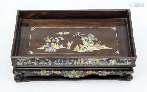 A Chinese mother-of-pearl inlaid huanghuali wood opium tray,...