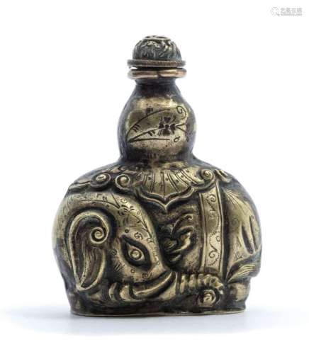 A Chinese silver coloured metal snuff bottle and stopper, ca...