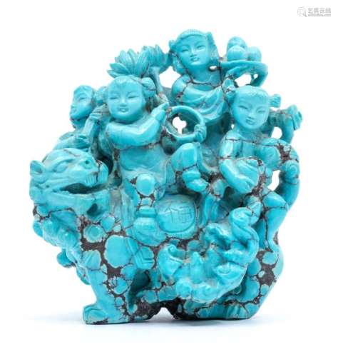 A Chinese turquoise matrix carved group, depicting four chil...
