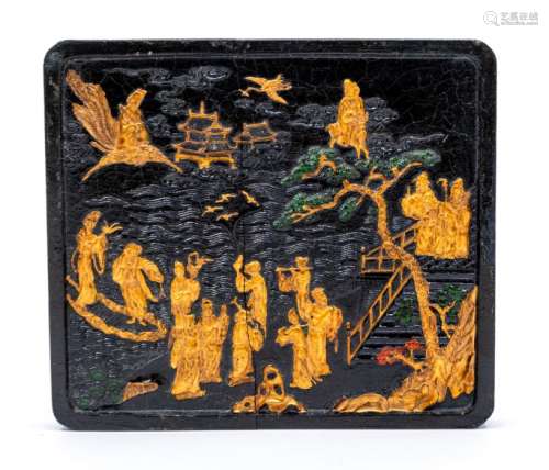A large Chinese square black, gilt and coloured ink cake, th...