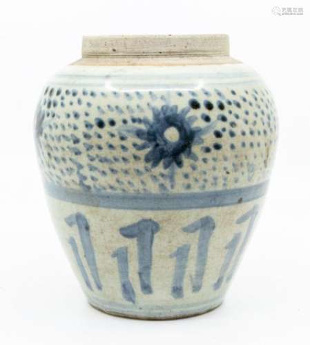 A Chinese blue one white provincial ovoid jar, painted with ...