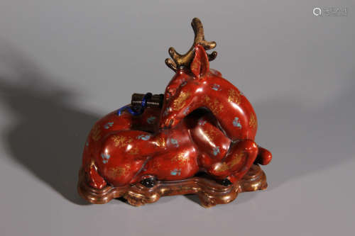 A Red Gilt Deer Porcelian Figure