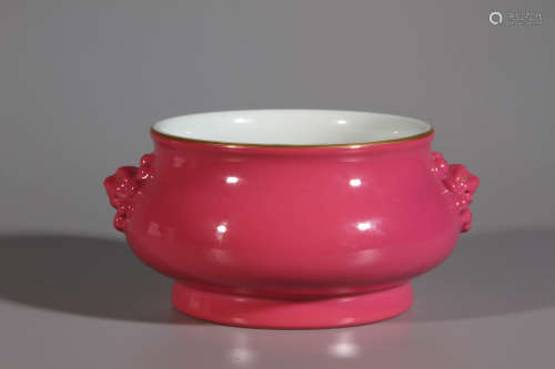 A Double Ear Beast Carmine Red Glazed Porcelain Bowl