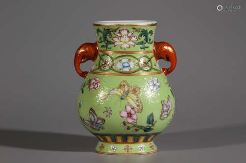 A Green Colorful Butterfly Double Ear Porcelain Vase