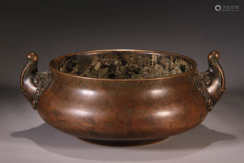 A Double Elephant Ear Bronze Incense Burner