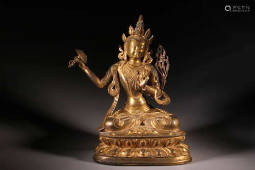 A Gilt Bronze Manjushri Figure Statue