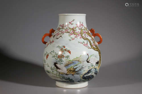 A Crane Pattern Double Ear Famille Rose Porcelain Vase