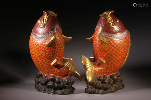 A Pair of Bronze Cloisonne Fish Shape Vase