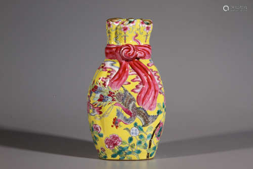 A Phoenix Peony Yellow Famille Rose Porcelain Vase