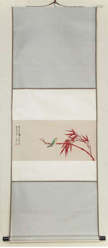 A Chinese Bamboo with Bird Silk Painting, Yu Feian Mark