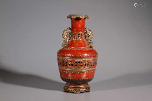 A Red Glazed Gold Dragon Pattern Double Ear Porcelian Vase