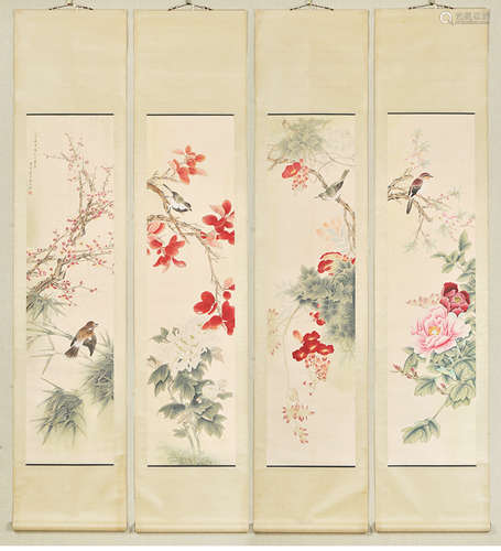 A Group of Four Bird with Flower Painting, Ma Jiatong Mark