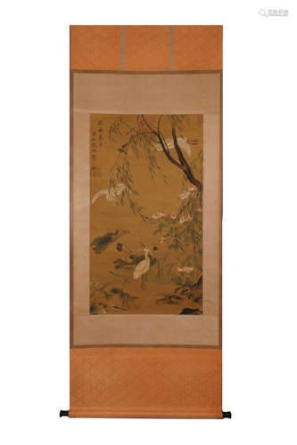 A Chinese Crane Silk Painting, Song Huizong Mark