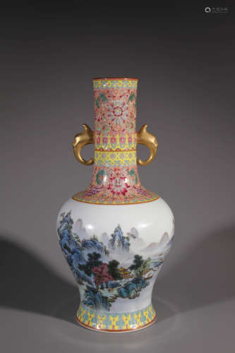 A Famille Rose Landscape Double Ear Porcelain Vase