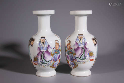 A Pair of Famille Rose Character Porcelain Vase