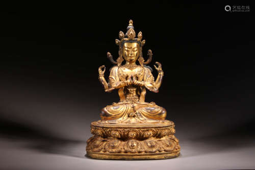 A Gilt Bronze Four Arms Guanyin Figure Statue