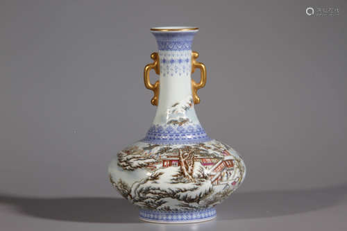 A Landscape Double Ear Falangcai Porcelain Vase