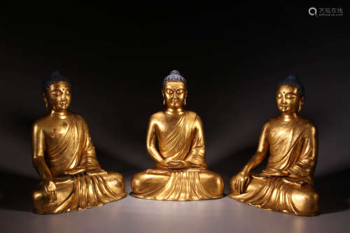 A Group of Three Gilt Bronze Setting Buddha Figure Statue