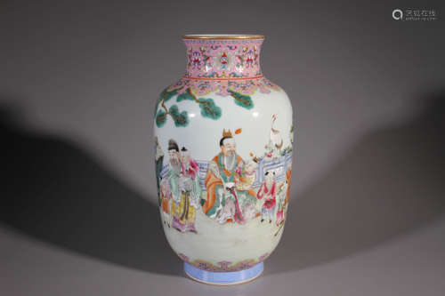 A Famille Rose Character Porcelain Vase