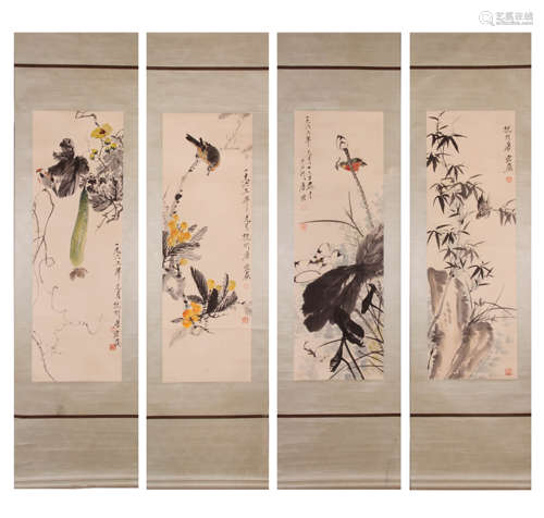 A Group of Four Bird with Flower Painting, Tang Yun Mark