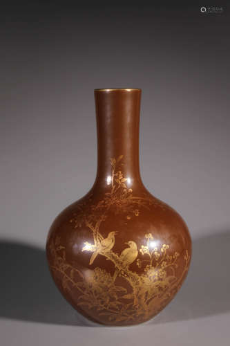 A Brown Glazed Bird with Flower Porcelain Vase