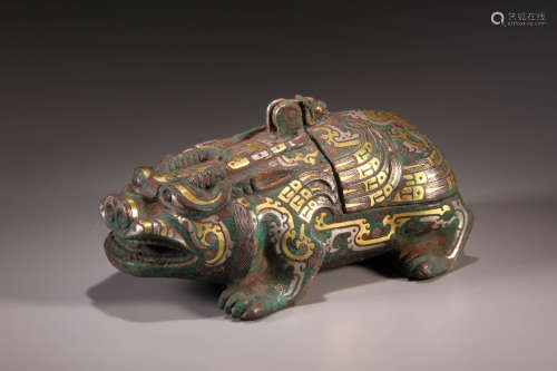 A Chinese Bronze Inlaid Gold and Silver Beast Figure Statue
