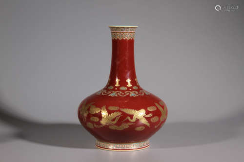 A Red Glazed Gold Crane Porcelian Vase