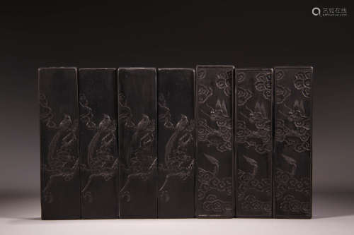 A Group of Seven Carved Bird with Flower Pattern Ink